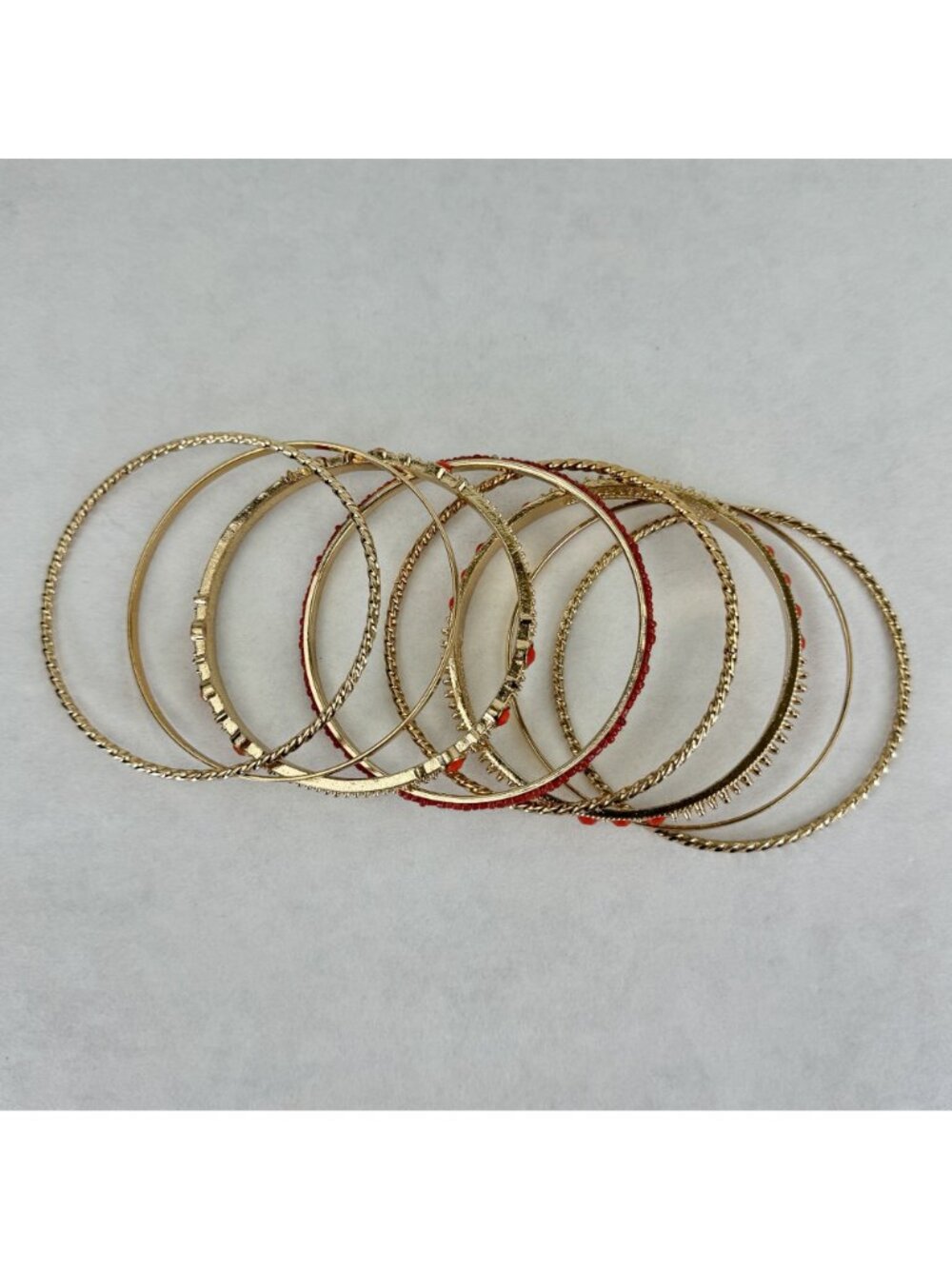 8 pc Coral Bangle Bracelet Set Gold-tone Stackable Textured Beaded Accents 2.5" - Picture 5 of 7